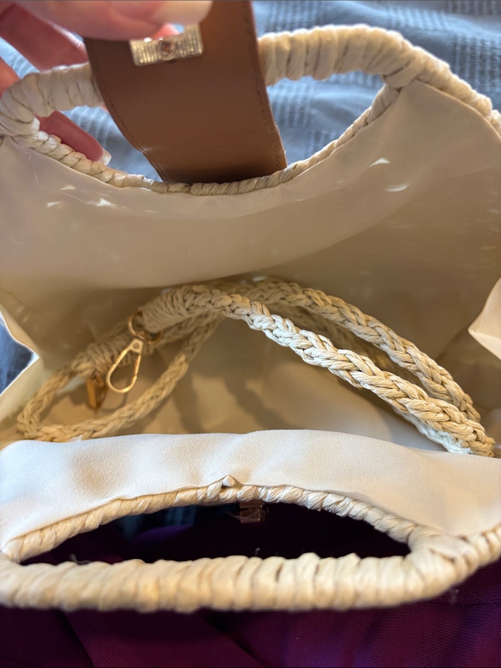 Woven Mini Top-Handle Bag in Natural with Tan Trim - Picture 2 of 5